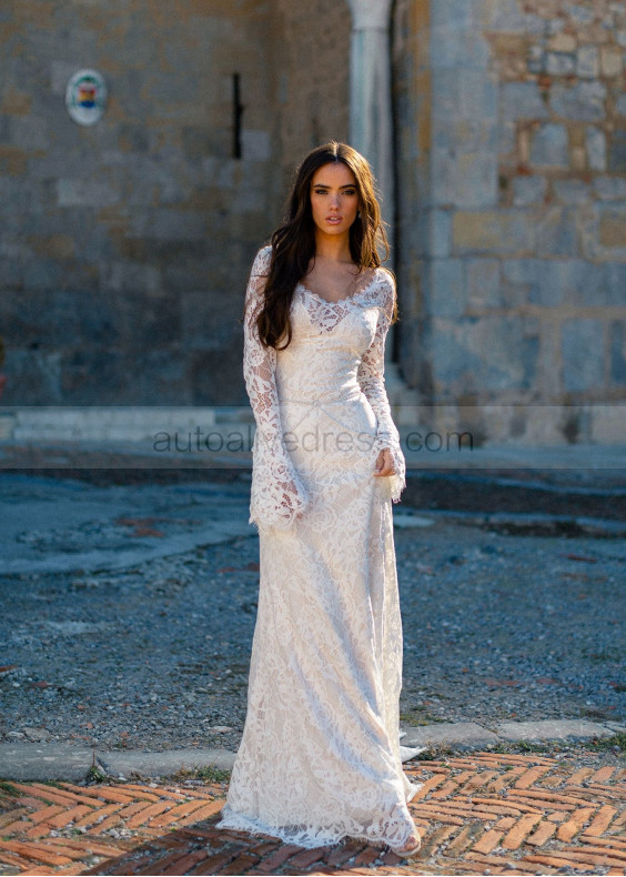 Long Bell Sleeve Ivory Lace Pearl Embellished Wedding Dress